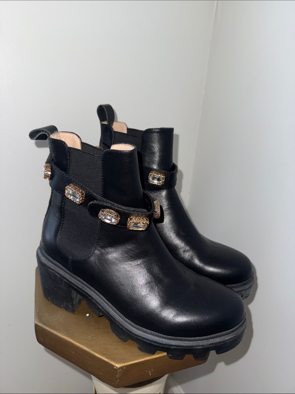 Black Women's Chunky Chelsea Boots with Decorative Gem Strap